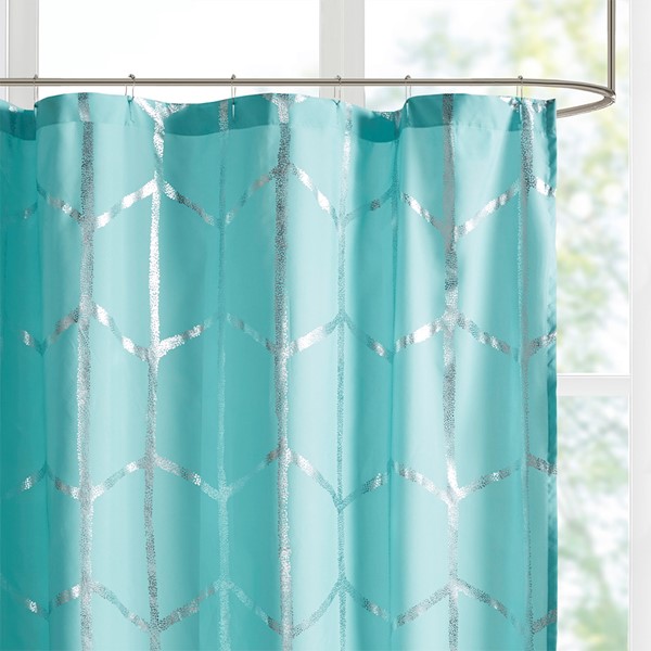 Intelligent Design Raina Printed Metallic Shower Curtain in Aqua/Silver, 72x72" ID70-1291