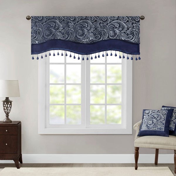 Madison Park Aubrey Jacquard Window Rod Pocket Valance With Beads in Navy, 50x18" MP41-7425