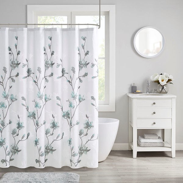 Madison Park Magnolia Floral Printed Burnout Shower Curtain in Aqua, 72x72" MP70-6421