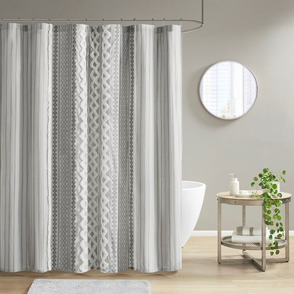 INK+IVY Imani Cotton Printed Shower Curtain with Chenille in Gray, 72x72" II70-1123