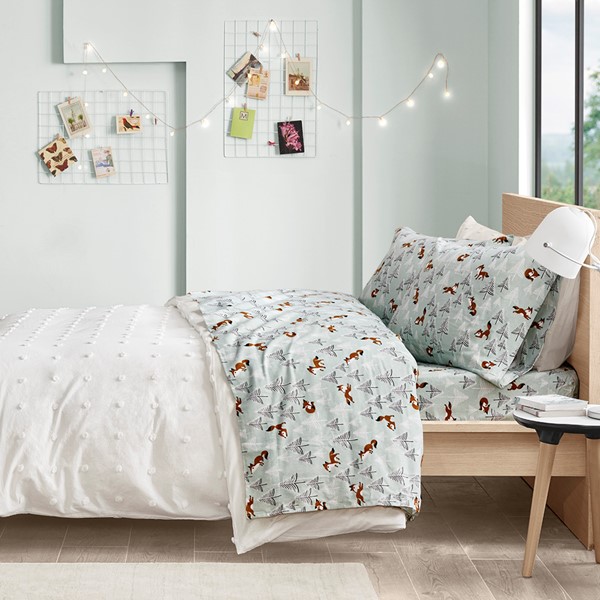 Intelligent Design Cozy Soft Cotton Flannel Printed Sheet Set in Seafoam Foxes, Twin XL ID20-1549