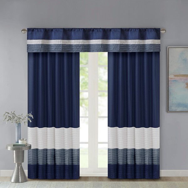 Madison Park Amherst Polyoni Pintuck Window Valance in Navy, 50x18" MP41-2231