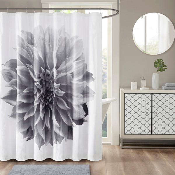 Madison Park Norah Printed Floral Cotton Shower Curtain in Grey, 72x72" MP70-7542