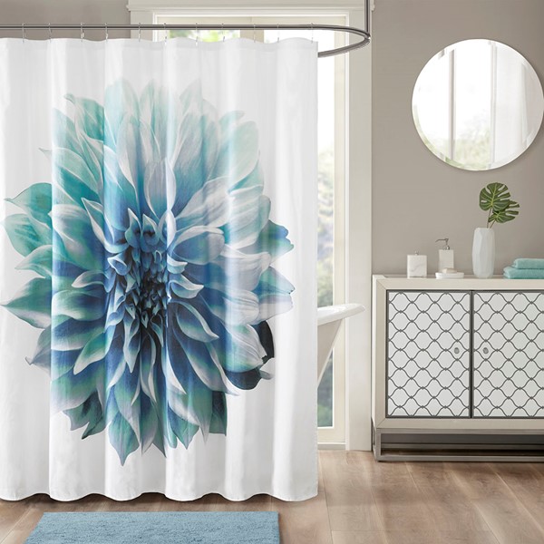 Madison Park Norah Printed Floral Cotton Shower Curtain in Aqua, 72x72" MP70-4800