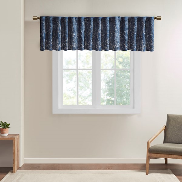 Madison Park Andora Faux Silk Embroidered Window Valance in Navy, 50x18" MP41-4572