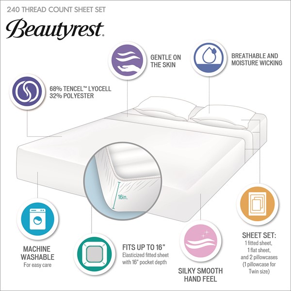 Beautyrest Tencel Lyocell Blend Sheet Set in White, Full BR20-3893