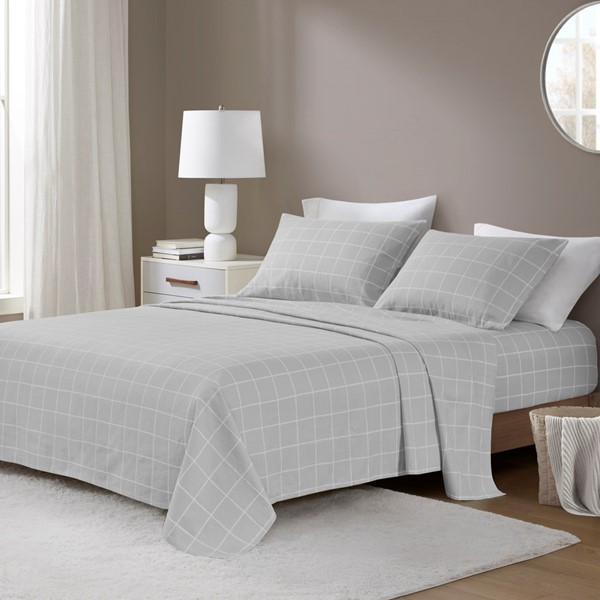 Beautyrest Oversized Cotton Flannel 4 Piece Sheet Set in Grey Windowpane, Cal King BR20-1855