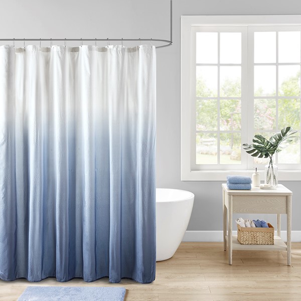 Madison Park Ara Ombre Printed Seersucker Shower Curtain in Blue, 72x72" MP70-6596