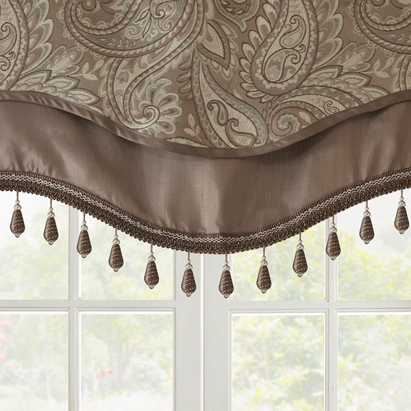 Madison Park Aubrey Jacquard Window Rod Pocket Valance With Beads in Blue/Brown, 50x18" MP41-4990