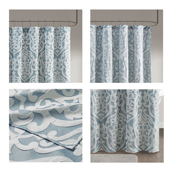 Madison Park Odette Jacquard Shower Curtain in Aqua/Silver, 72x72" MP70-8085