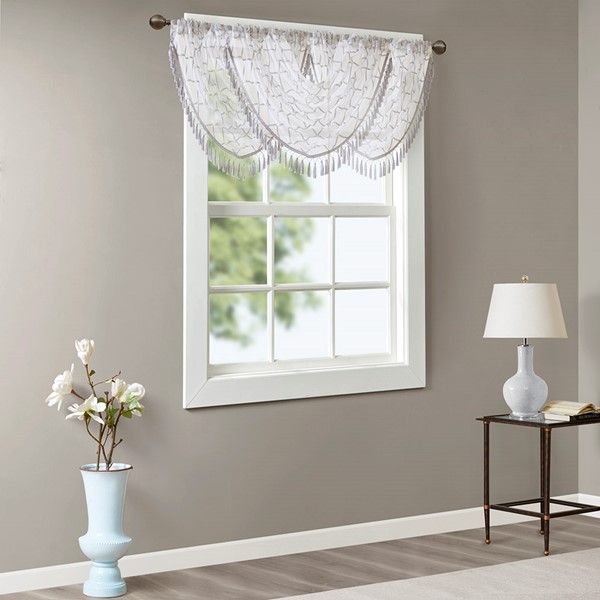 Madison Park Irina Diamond Sheer Embroidered Waterfall Valance in White/Grey, 38x46" MP41-4945