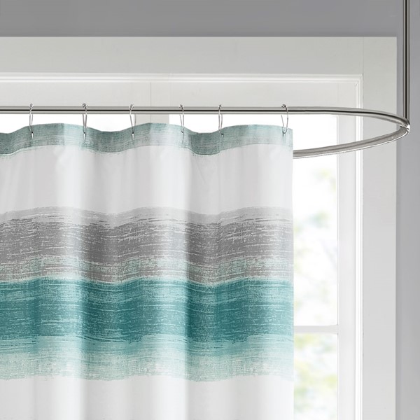 Madison Park Essentials Saben Stripe Print Shower Curtain in Aqua/Grey, 72x72" MPE70-1029