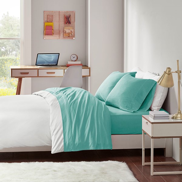 Intelligent Design Cotton Blend Jersey Knit All Season Sheet Set in Aqua, Twin ID20-695