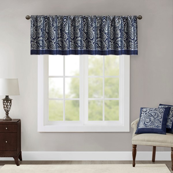 Madison Park Aubrey Jacquard Window Valance in Navy, 50x18" MP41-4899