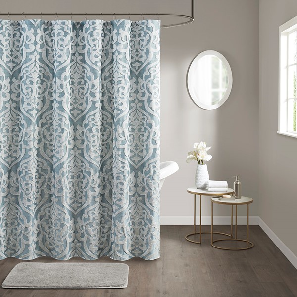 Madison Park Odette Jacquard Shower Curtain in Aqua/Silver, 72x72" MP70-8085