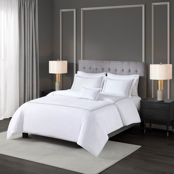 Madison Park Signature 500 Thread Count Luxury Collection 100% Cotton Sateen Embroidered Duvet Cover Set in White/Grey, Full/Queen MPS12-512