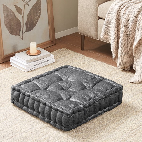 Intelligent Design Azza Poly Chenille Square Floor Pillow Cushion in Charcoal, 20x20" ID31-1833