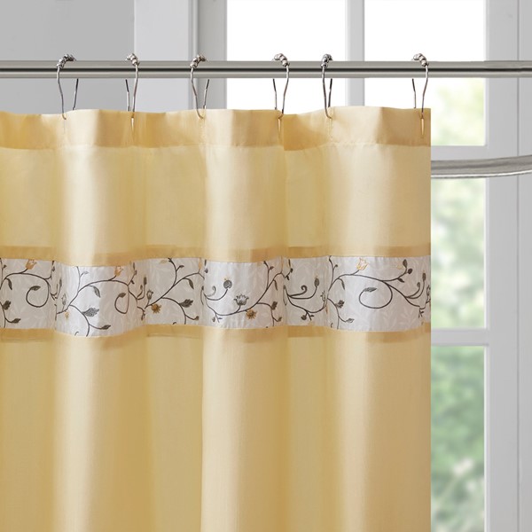 Madison Park Serene Faux Silk Embroidered Floral Shower Curtain in Yellow, 72x72" MP70-4863