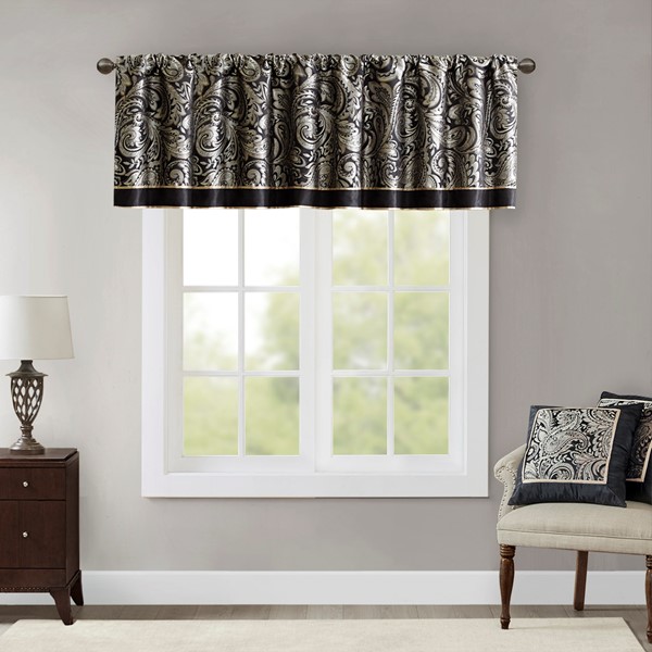 Madison Park Aubrey Jacquard Window Valance in Black, 50x18" MP41-1606