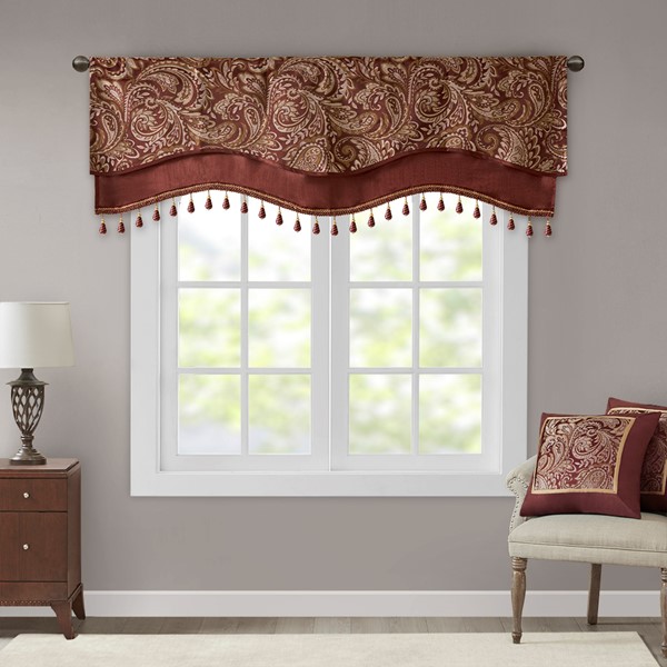 Madison Park Aubrey Jacquard Window Rod Pocket Valance With Beads in Burgundy, 50x18" MP41-4991