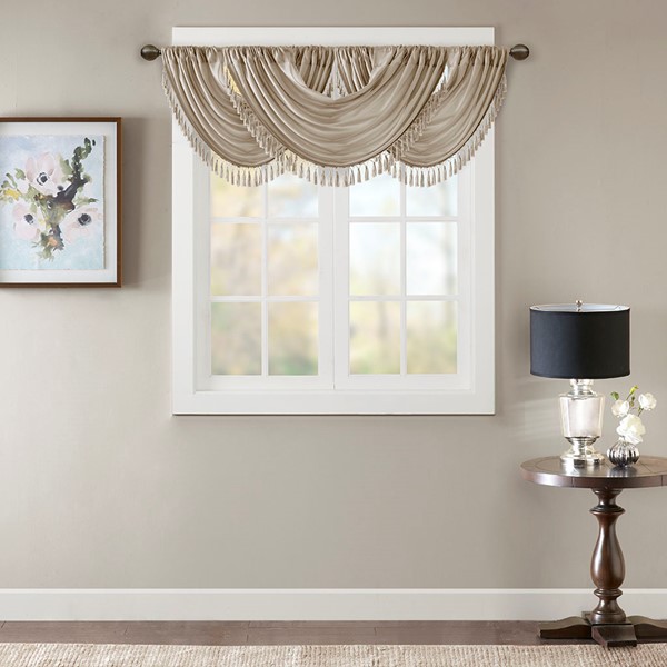 Madison Park Elena Faux Silk Waterfall Embellished Valance in Champagne, 38x46" MP41-4952