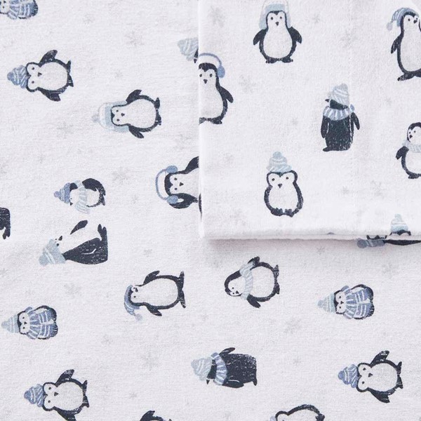 Intelligent Design Cozy Soft Cotton Flannel Printed Sheet Set in Blue Penguins, Twin ID20-1757