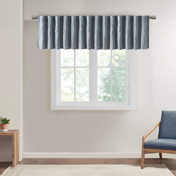 Madison Park Andora Faux Silk Embroidered Window Valance in Blue, 50x18" MP41-4571