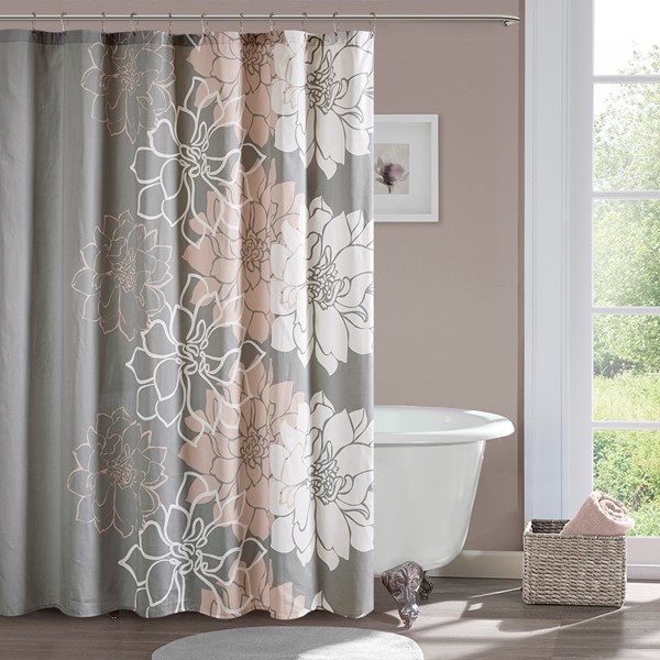 Madison Park Lola 100% Cotton Floral Printed Shower Curtain in Grey/Peach, 72x72" MP70-5669