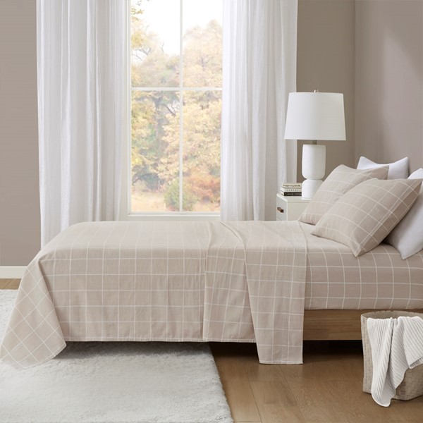 Beautyrest Oversized Cotton Flannel 4 Piece Sheet Set in Beige Windowpane, Cal King BR20-1859