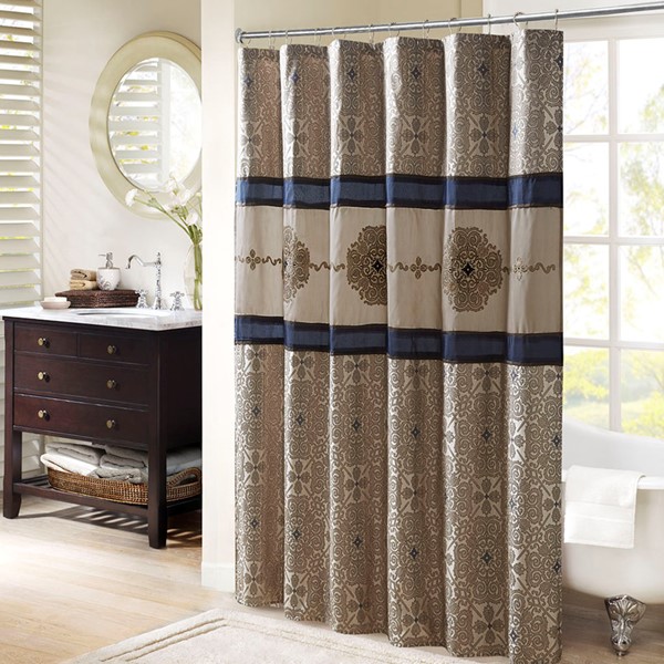 Madison Park Donovan Embroidered Shower Curtain in Navy, 72x72" MP70-7543