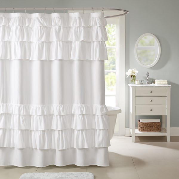 Madison Park Grace Ruffled Shower Curtain in White, 72x72" MP70-3651