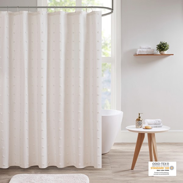 Urban Habitat Brooklyn Cotton Jacquard Pom Pom Shower Curtain in Ivory, 70x72" UH70-2241