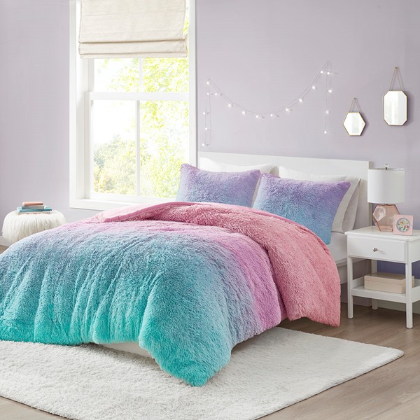 Mi Zone Primrose Ombre Shaggy Faux Fur Duvet Cover Set in Purple Multi, Twin/Twin XL MZ12-0646