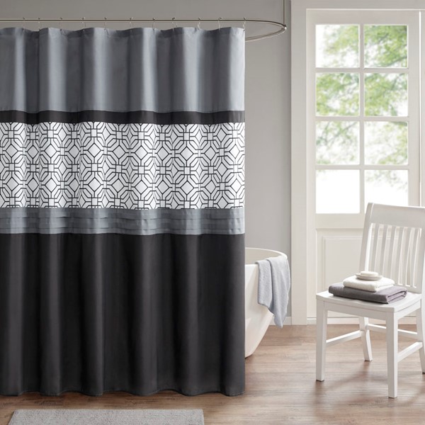 510 Design Donnell Embroidered and Pieced Shower Curtain in Black/Grey, 72x72" 5DS70-0231