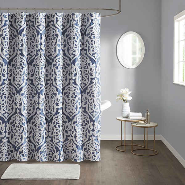 Madison Park Odette Jacquard Shower Curtain in Navy/Silver, 72x72" MP70-6876