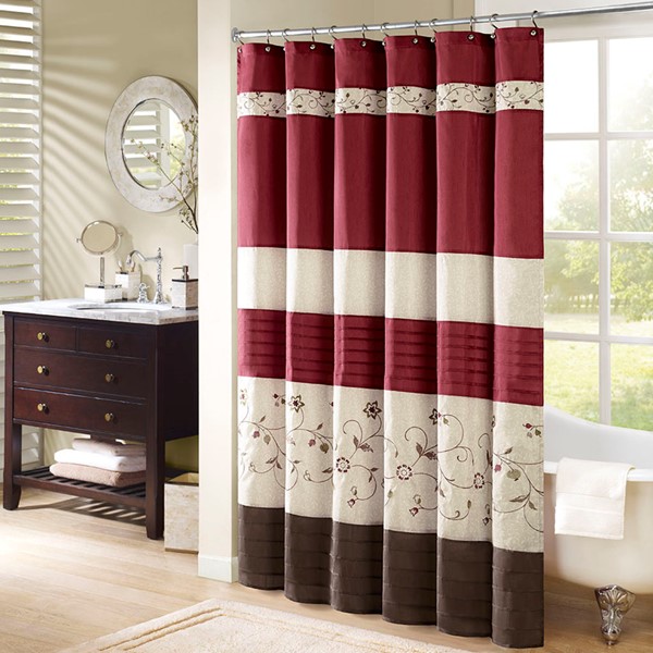 Madison Park Serene Faux Silk Embroidered Floral Shower Curtain in Red, 72x72" MP70-644