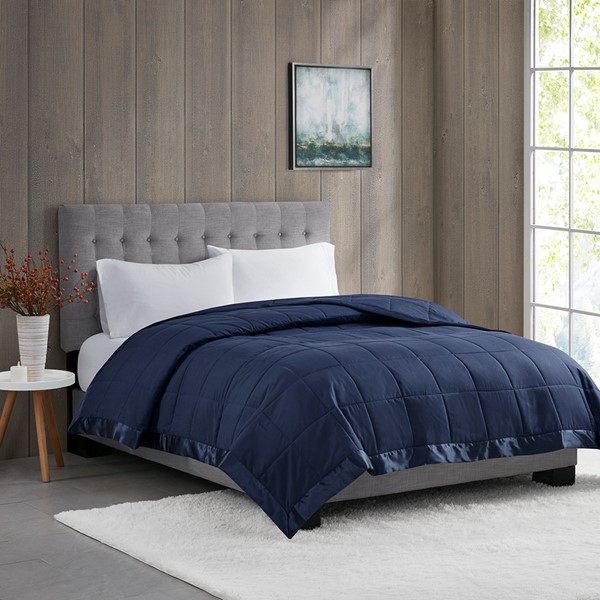 Madison Park Windom Lightweight Down Alternative Blanket with Satin Trim in Navy, Full/Queen MP51-6699