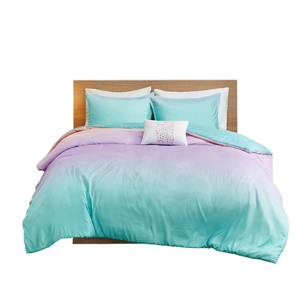 Mi Zone Glimmer Metallic Glitter Printed Reversible Duvet Cover Set in Aqua, Twin/Twin XL MZ12-0597