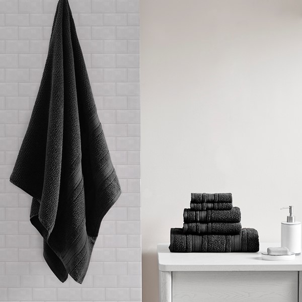 Madison Park Essentials Adrien Super Soft Cotton Quick Dry Bath Towel 6 Piece Set in Black, 6-Piece MPE73-1024