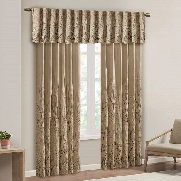 Madison Park Andora Faux Silk Embroidered Window Valance in Tan, 50x18" MP41-4574