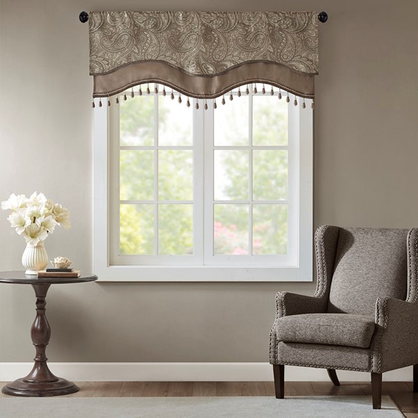 Madison Park Aubrey Jacquard Window Rod Pocket Valance With Beads in Blue/Brown, 50x18" MP41-4990