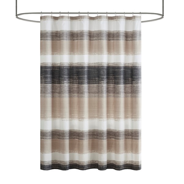 Madison Park Essentials Saben Stripe Print Shower Curtain in Taupe/Black, 72x72" MPE70-1030