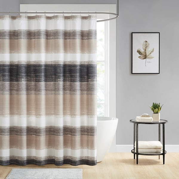 Madison Park Essentials Saben Stripe Print Shower Curtain in Taupe/Black, 72x72" MPE70-1030