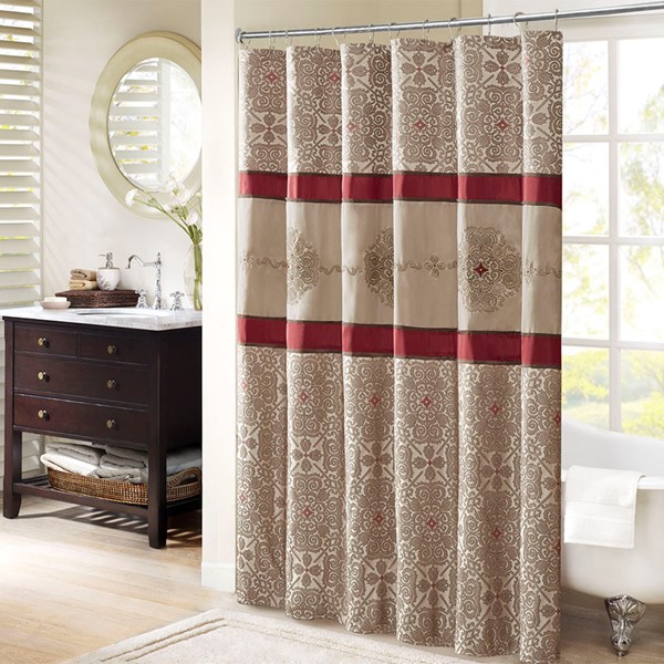 Madison Park Donovan Embroidered Shower Curtain in Red, 72x72" MP70-4047