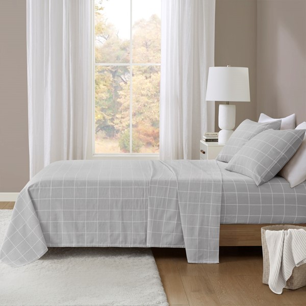 Beautyrest Oversized Cotton Flannel 4 Piece Sheet Set in Grey Windowpane, Cal King BR20-1855