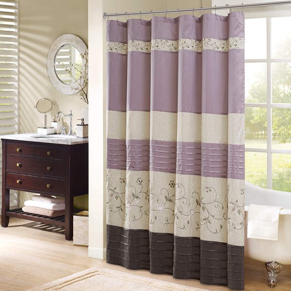 Madison Park Serene Faux Silk Embroidered Floral Shower Curtain in Purple, 72x72" MP70-3453