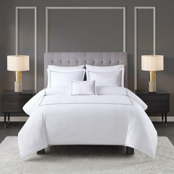 Madison Park Signature 500 Thread Count Luxury Collection 100% Cotton Sateen Embroidered Comforter Set in White/Grey, Full/Queen MPS10-506