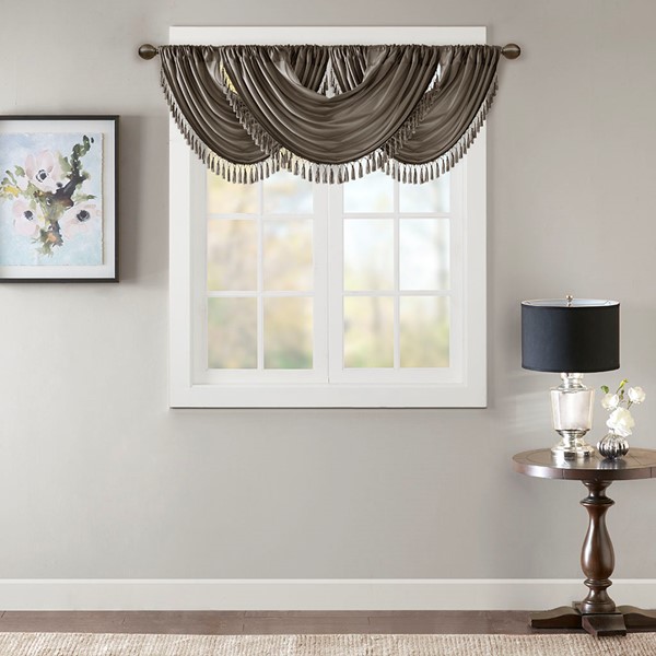 Madison Park Elena Faux Silk Waterfall Embellished Valance in Pewter, 38x46" MP41-4958