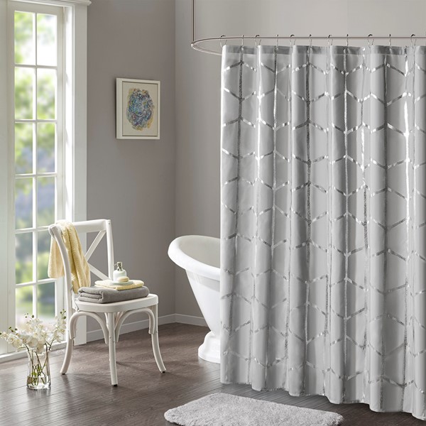 Intelligent Design Raina Printed Metallic Shower Curtain in Grey/Silver, 72x72" ID70-1292