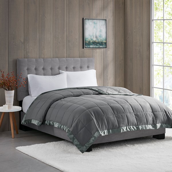 Madison Park Windom Lightweight Down Alternative Blanket with Satin Trim in Charcoal, Full/Queen MP51-5149